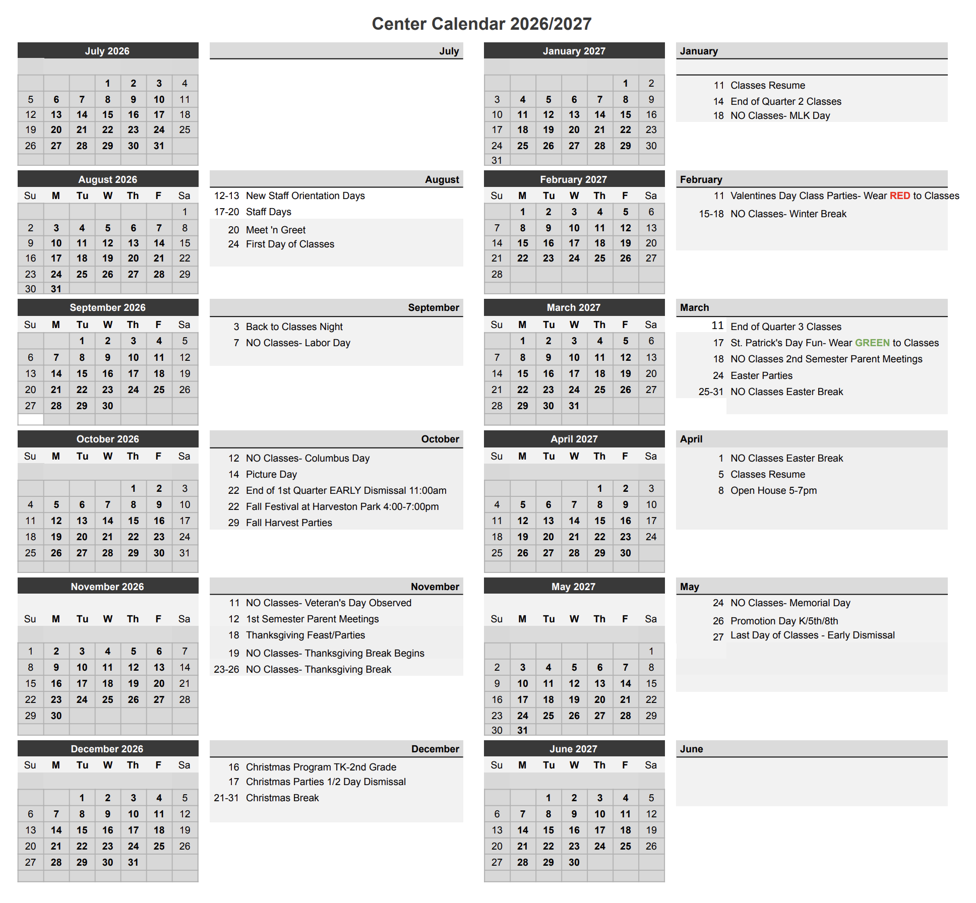 Calendar 26 27